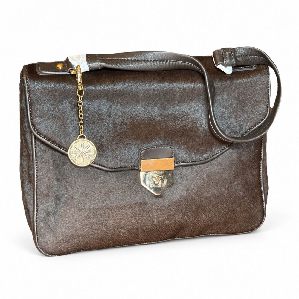 Haircalf Leather Satchel Isaac Mizrahi Live Brown Gold Hardware Pushlock